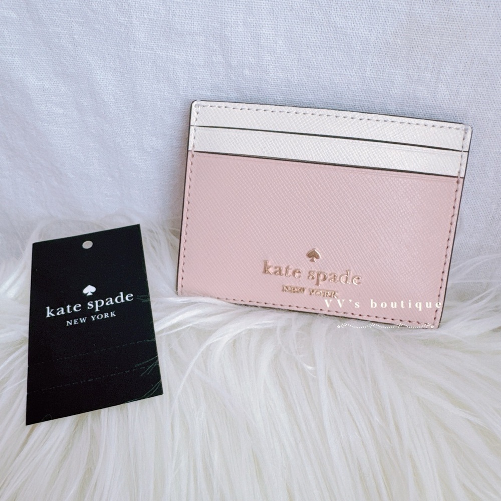 NWT Kate Spade Madison Small Slim Card Holder Wallet Rose Smoke Pink White KI369